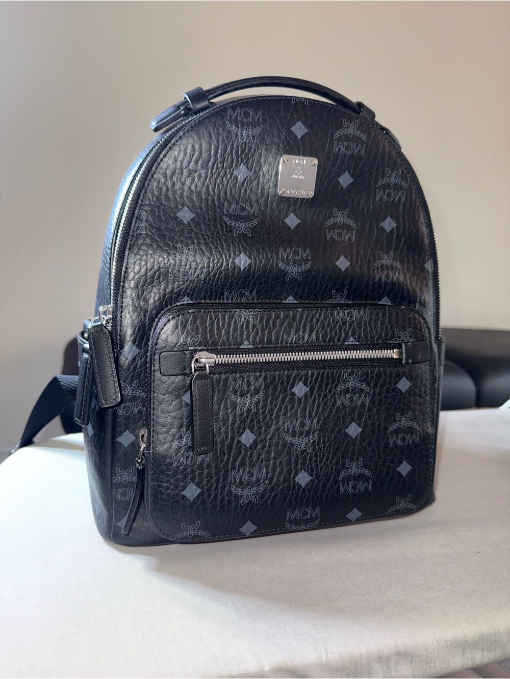 MCM Black Logo Monogram Leather Backpack